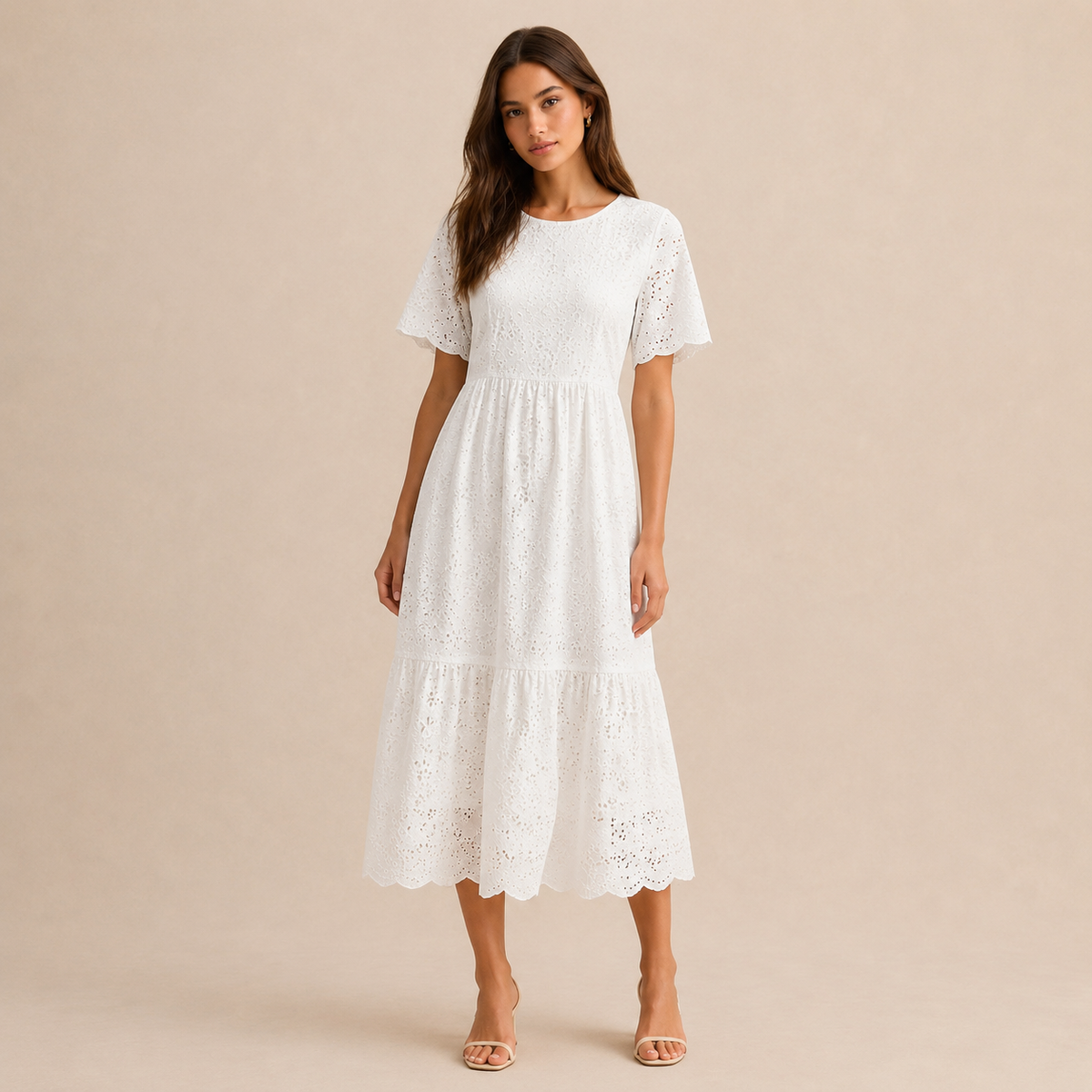 Round Neck Puff Sleeve Eyelet Tiered Midi Dress 4