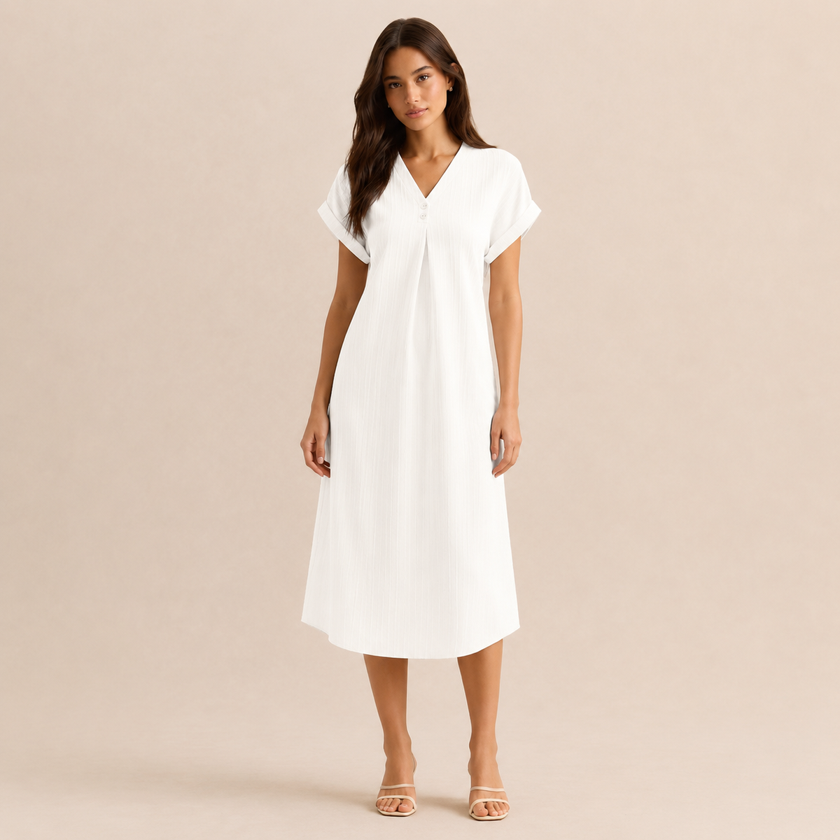 V-Neck Short Sleeve Button Front Ribbed Midi Shift Dress 4