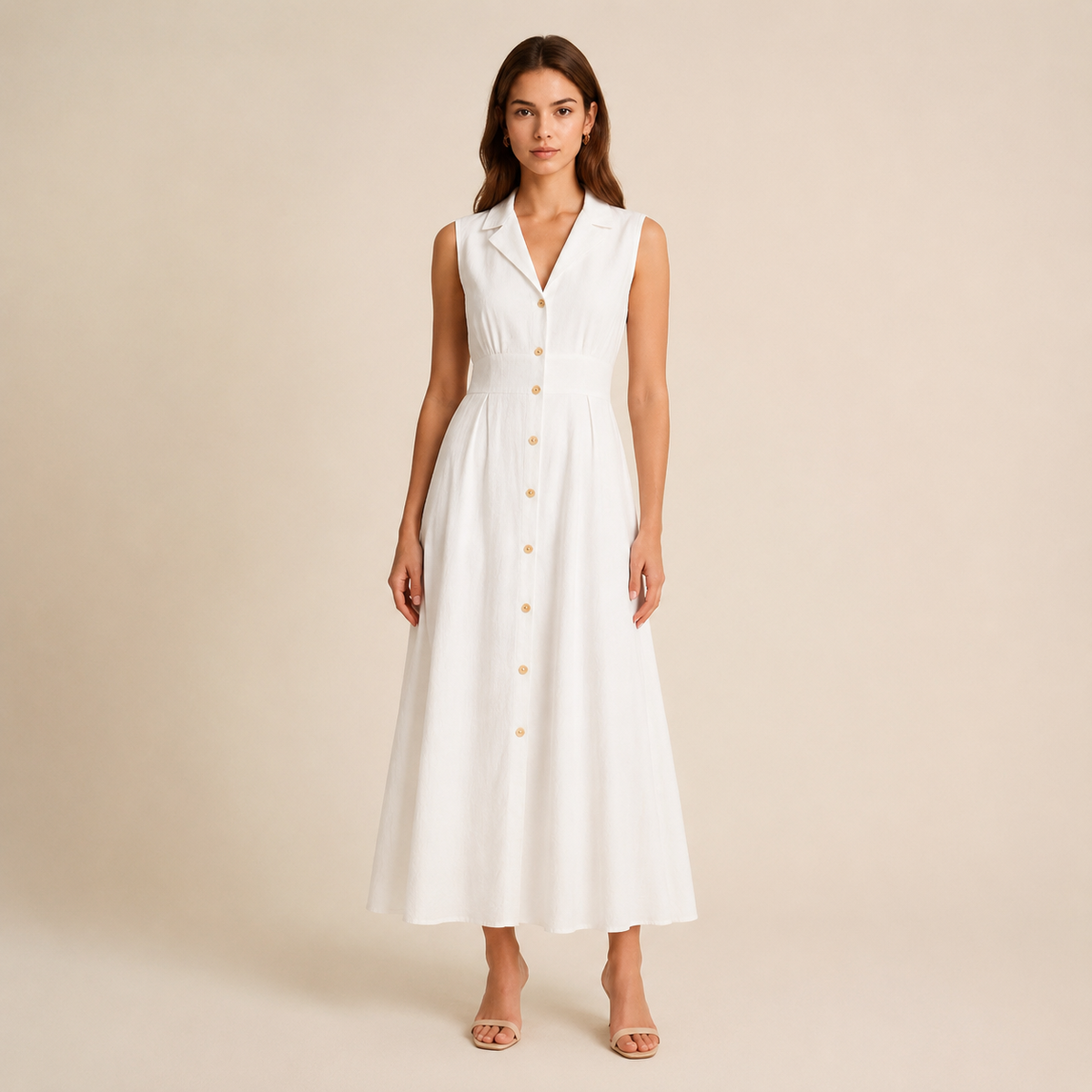 Notch Lapel Sleeveless Button Front A-Line Midi Dress 4