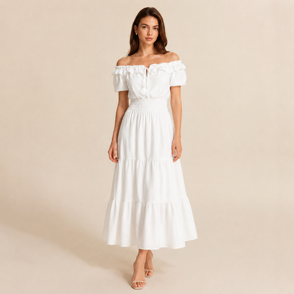 Off Shoulder Ruffle Puff Sleeve Tiered Maxi Dress 4