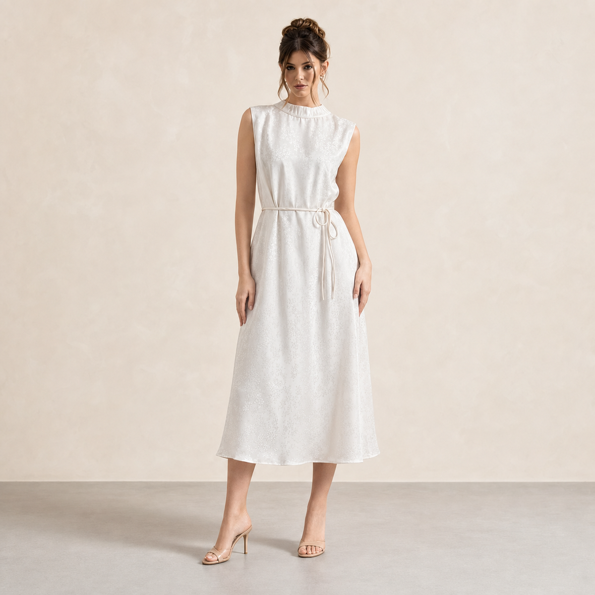 Mock Neck Sleeveless Tie Waist Jacquard Satin Midi Dress 4