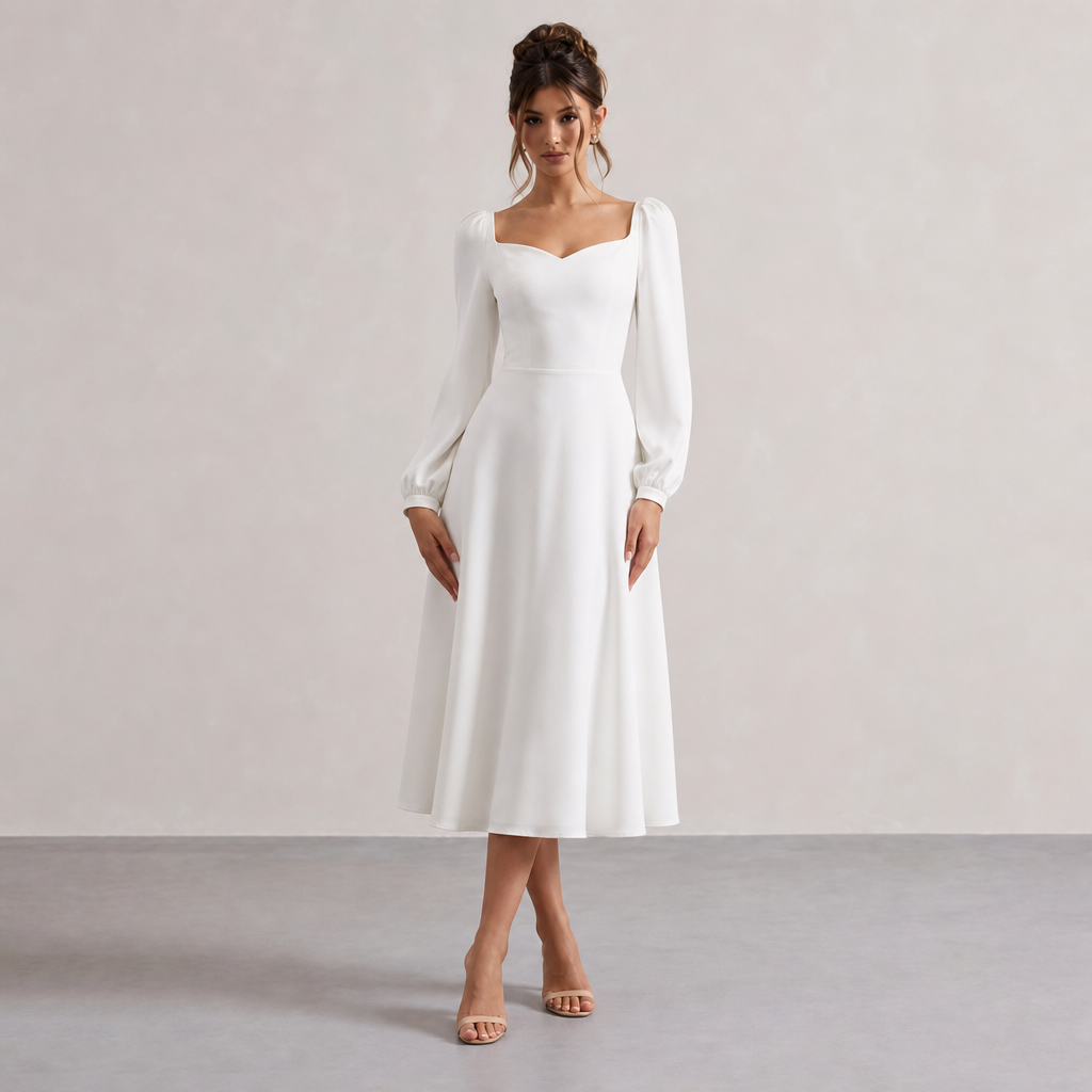 Sweetheart Neck Long Puff Sleeve Fit and Flare Midi Dress 10