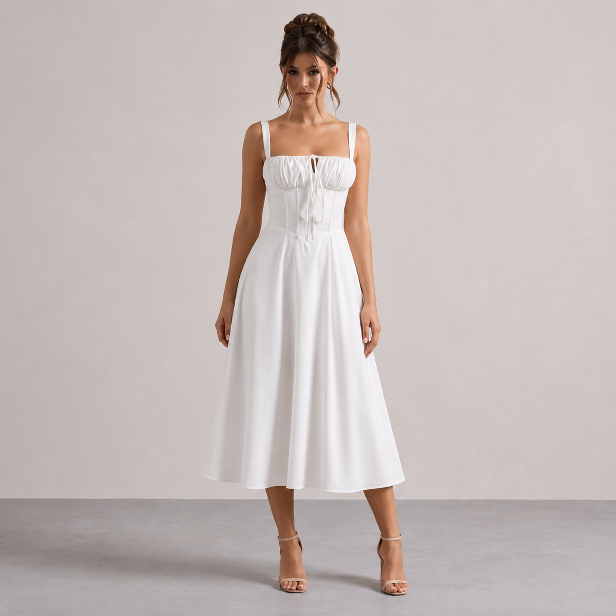 Square Neck Tie Front Corset Fit and Flare Midi Dress 4
