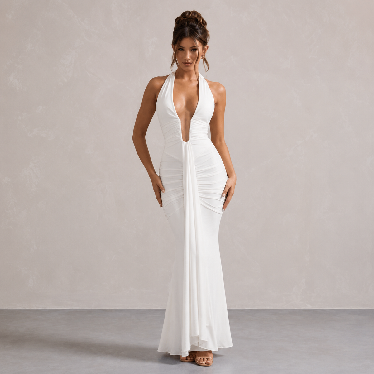 Deep V-Neck Halter Ruched Fishtail Maxi Gown 4