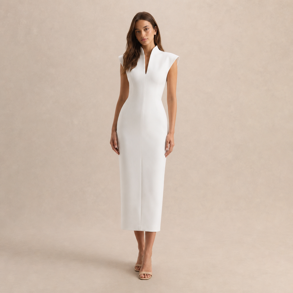 Stand Collar Cap Sleeve Split Neck Bodycon Midi Dress 4