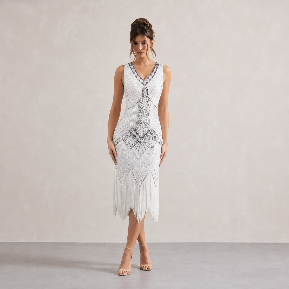 V-Neck Beaded Fringe Sleeveless Flapper Midi Dress 5