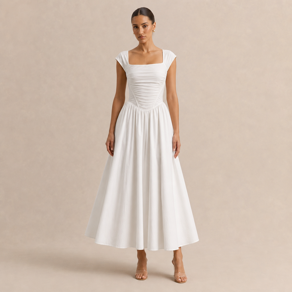 Square Neck Cap Sleeve Ruched Corset Fit and Flare Midi Dress