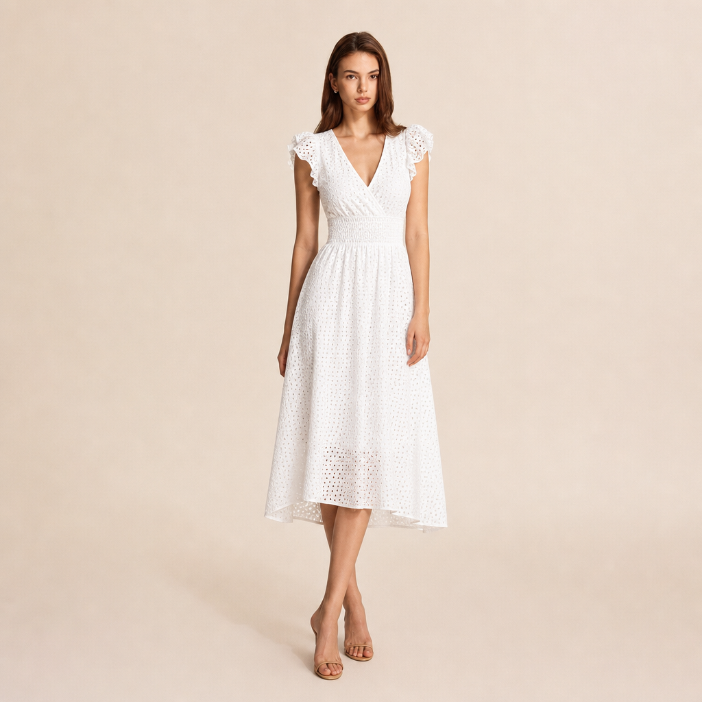 Broderie V-Neck Flutter Sleeve Shirred Waist A-Line Midi Dress 5