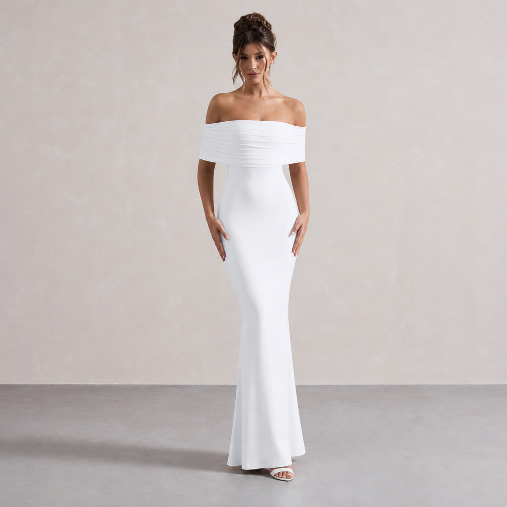 Off Shoulder Pleated Bardot Fishtail Maxi Dress 4