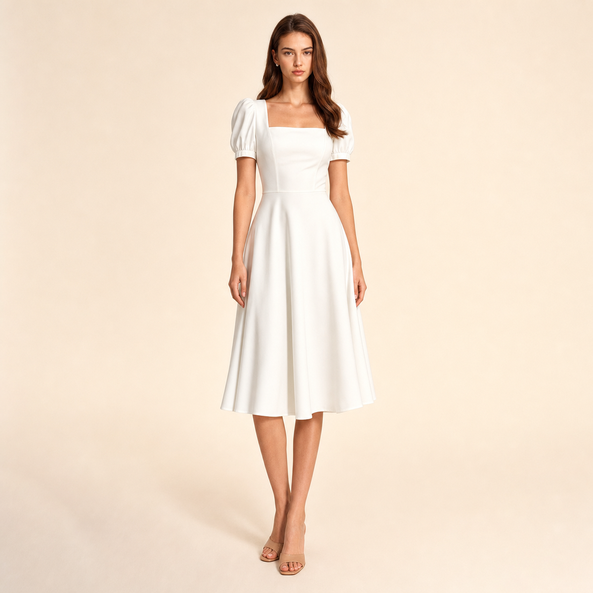 Square Neck Puff Sleeve Fit and Flare Midi Dress 4