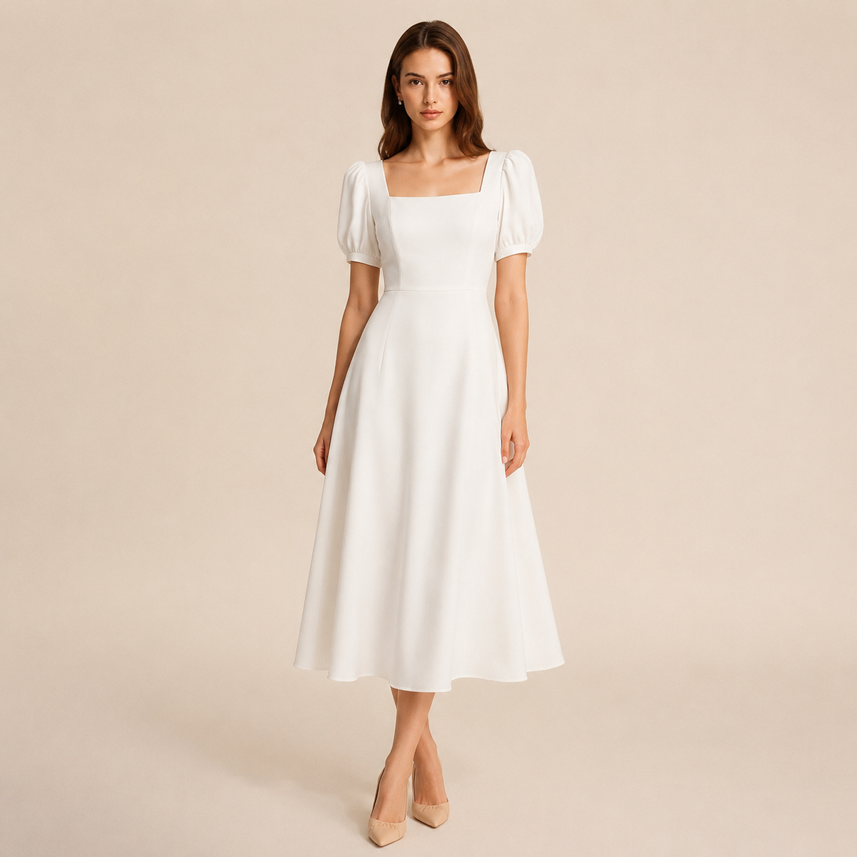 Square Neck Puff Sleeve Fit and Flare Midi Dress 4