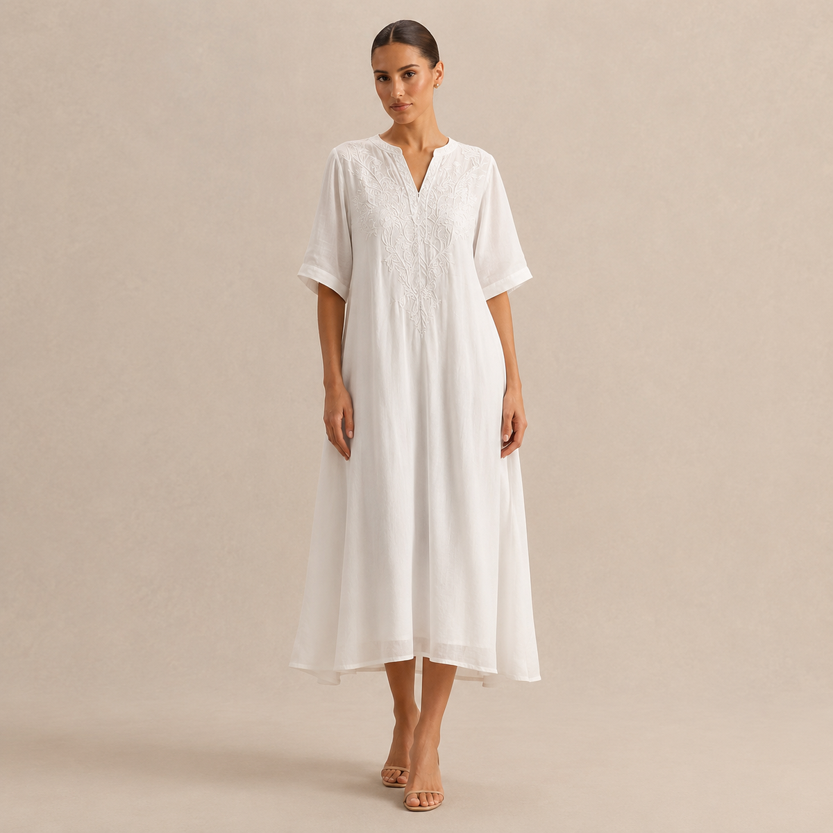 Embroidered Split Neck Short Sleeve Kaftan Midi Dress 4