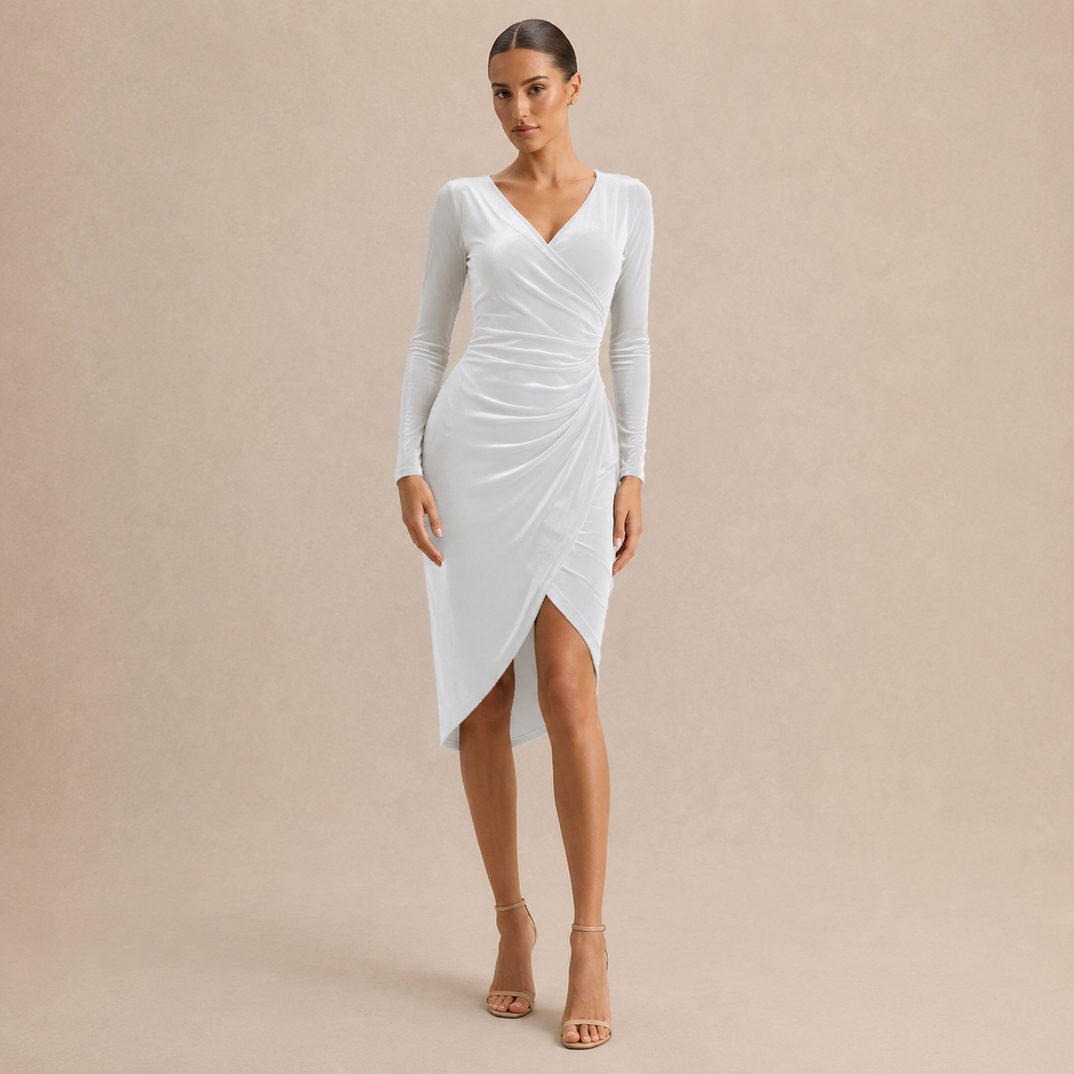 V-Neck Long Sleeve Ruched Velvet Wrap Midi Dress 4