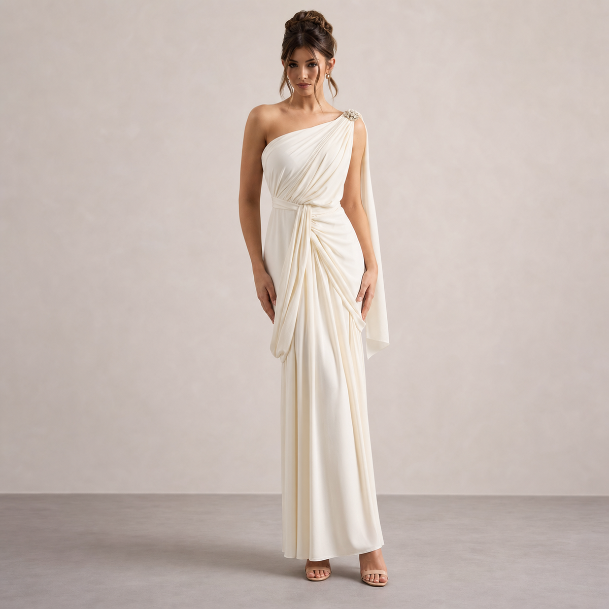 One Shoulder Draped Grecian Embellished Maxi Gown