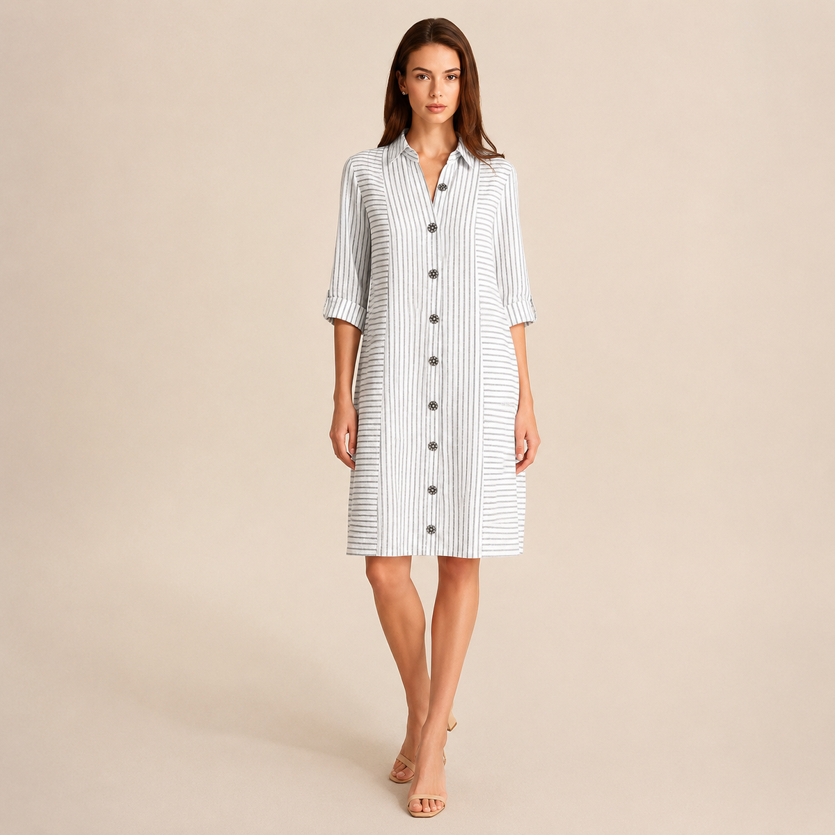 Striped Collared Roll Sleeve Button Front Shirt Dress