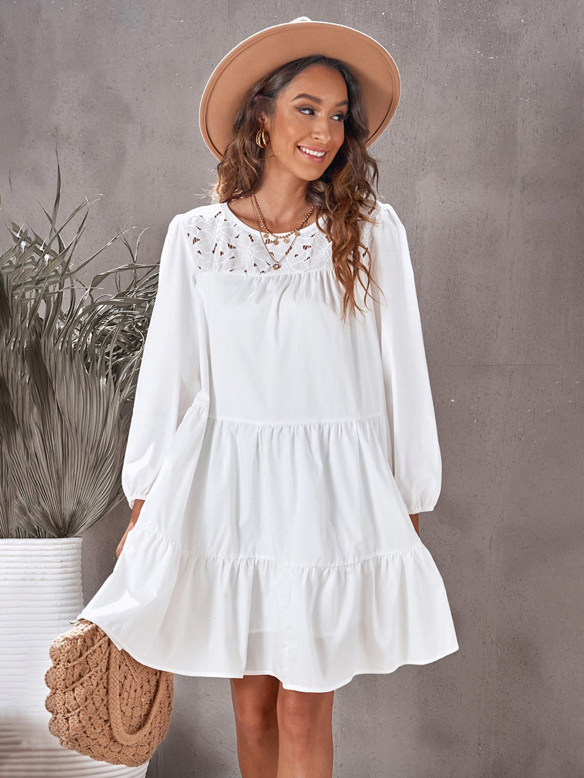 Lace Yoke Puff Sleeve Tiered Smock Mini Dress