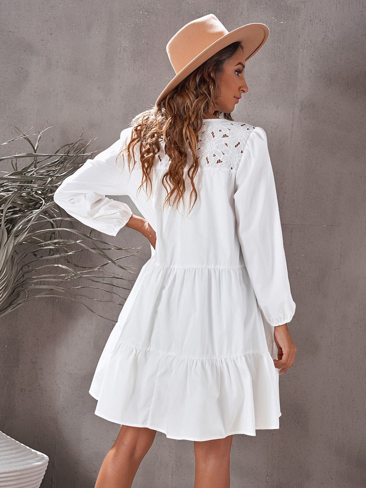 Lace Yoke Puff Sleeve Tiered Smock Mini Dress