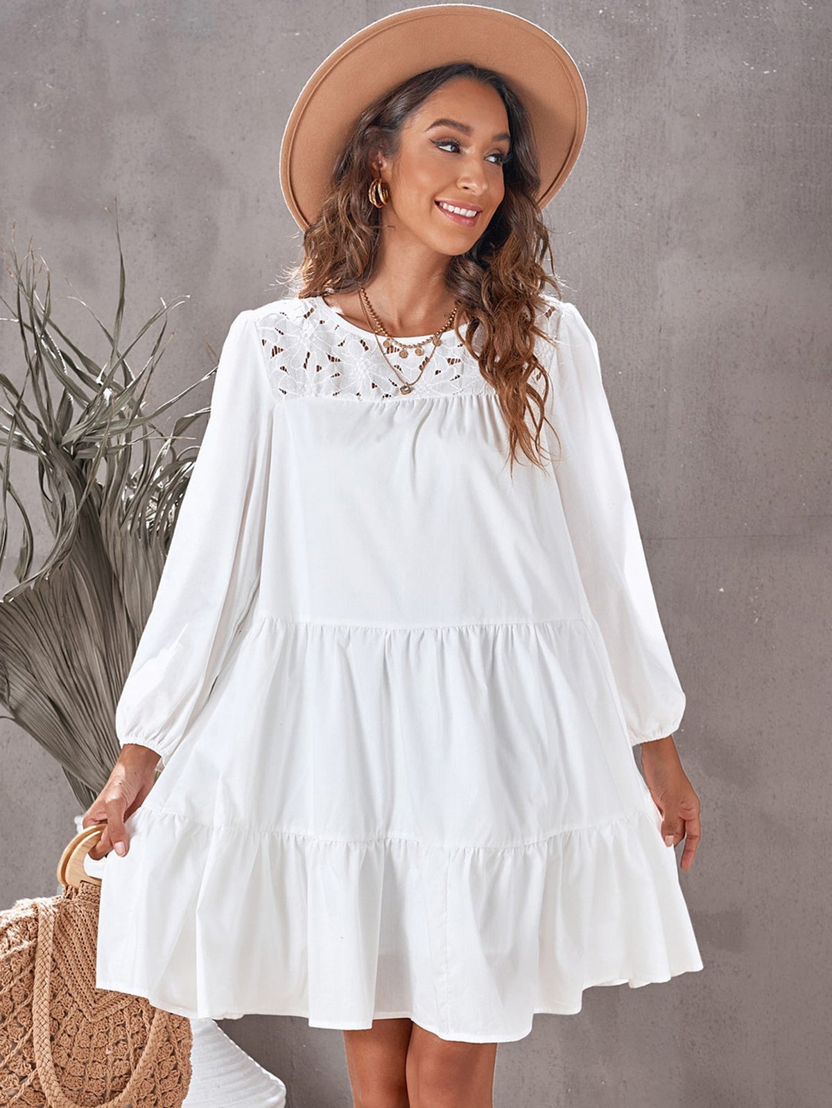Lace Yoke Puff Sleeve Tiered Smock Mini Dress