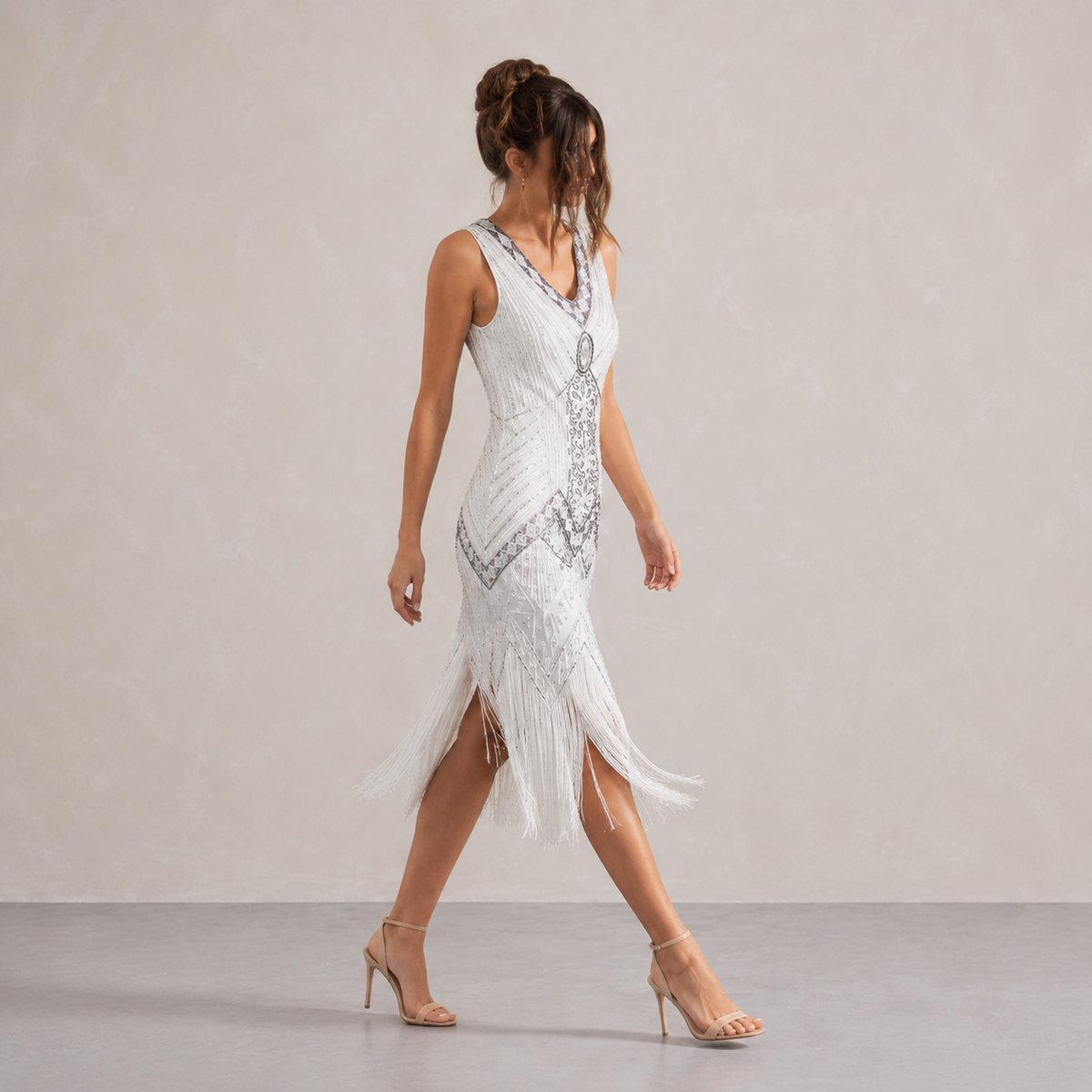 V-Neck Beaded Fringe Sleeveless Flapper Midi Dress 8