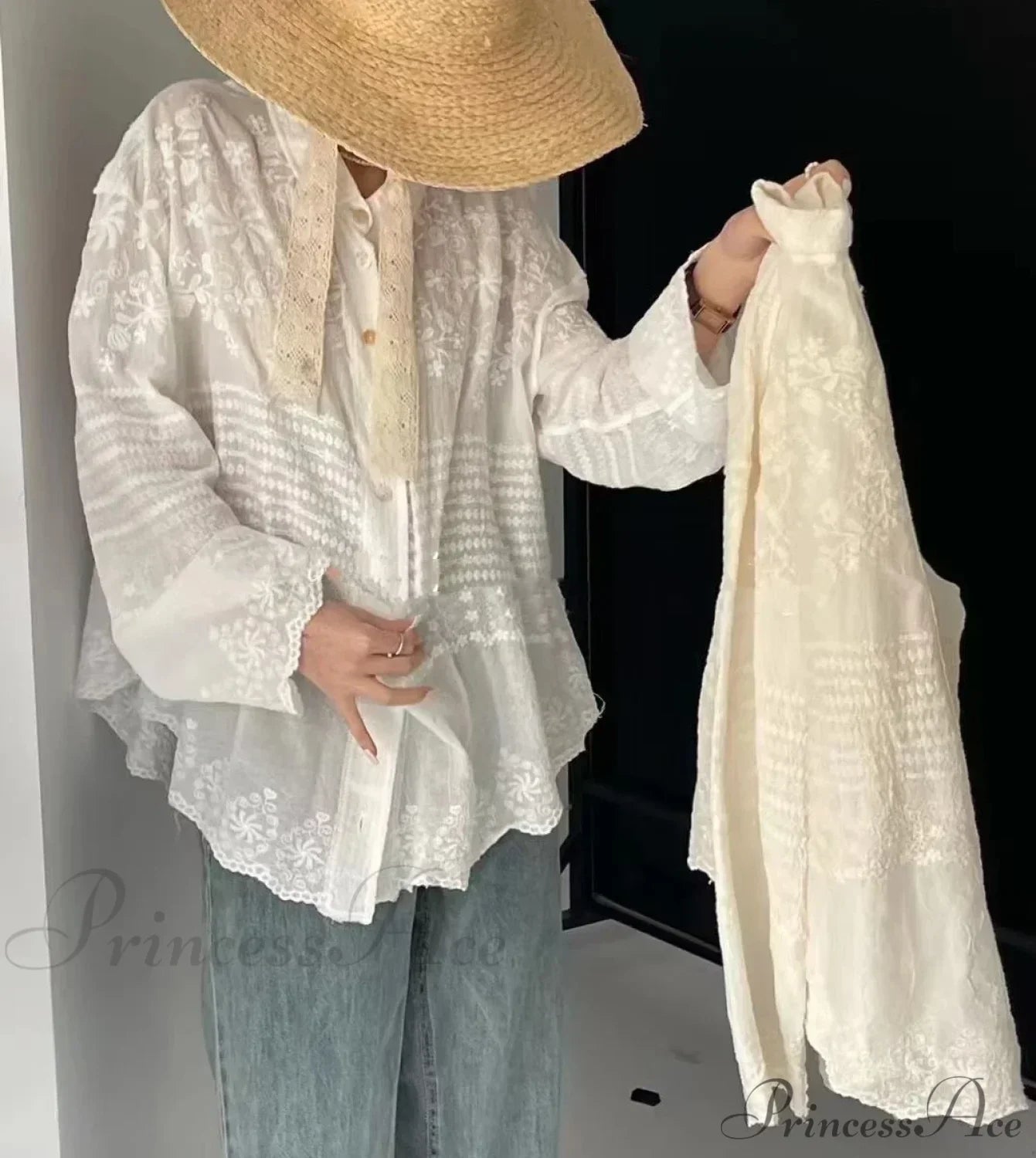 White Cotton Embroidery Lace Long Sleeve Boho Beach Blouse