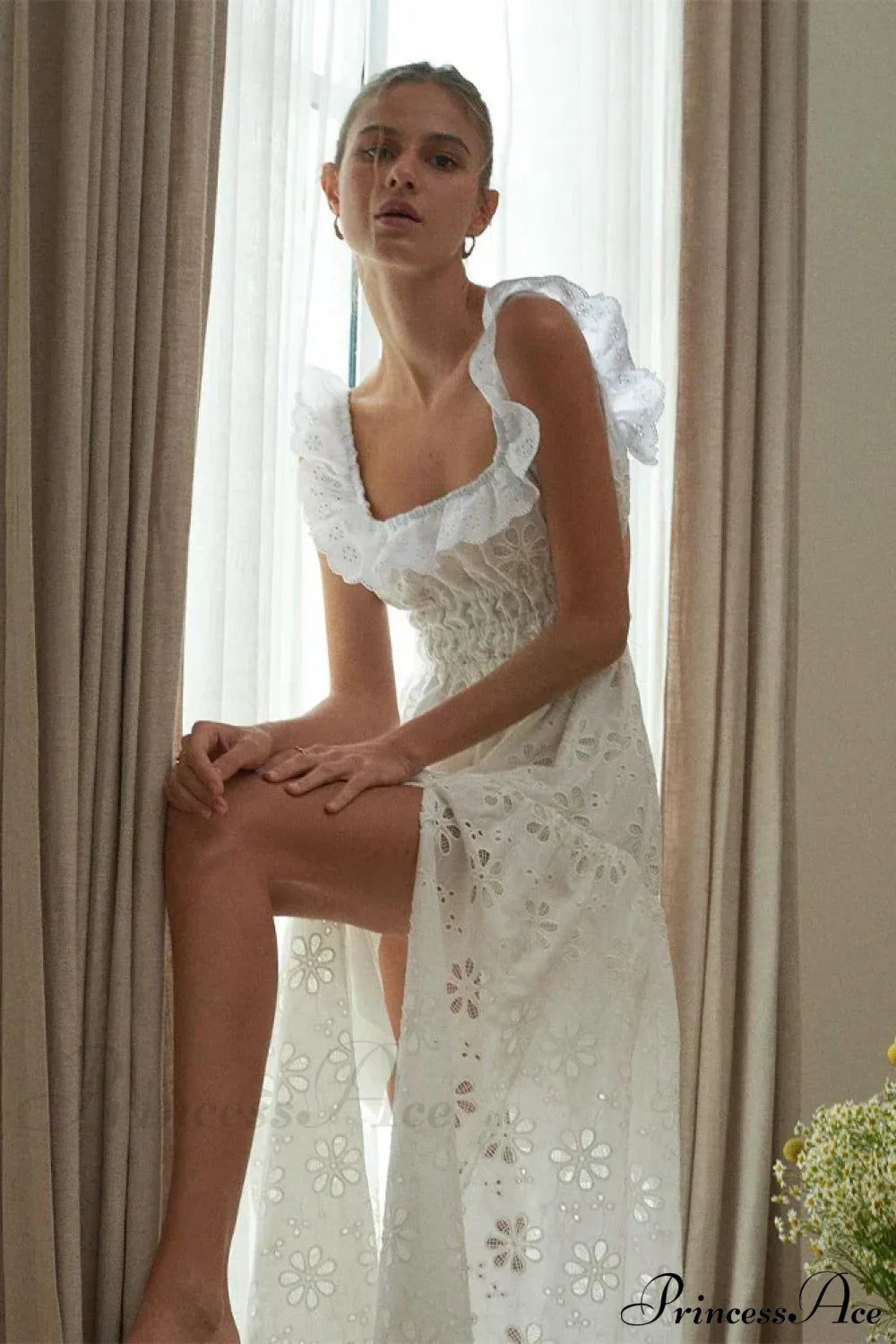 White Cotton Floral Lace Maxi Dress