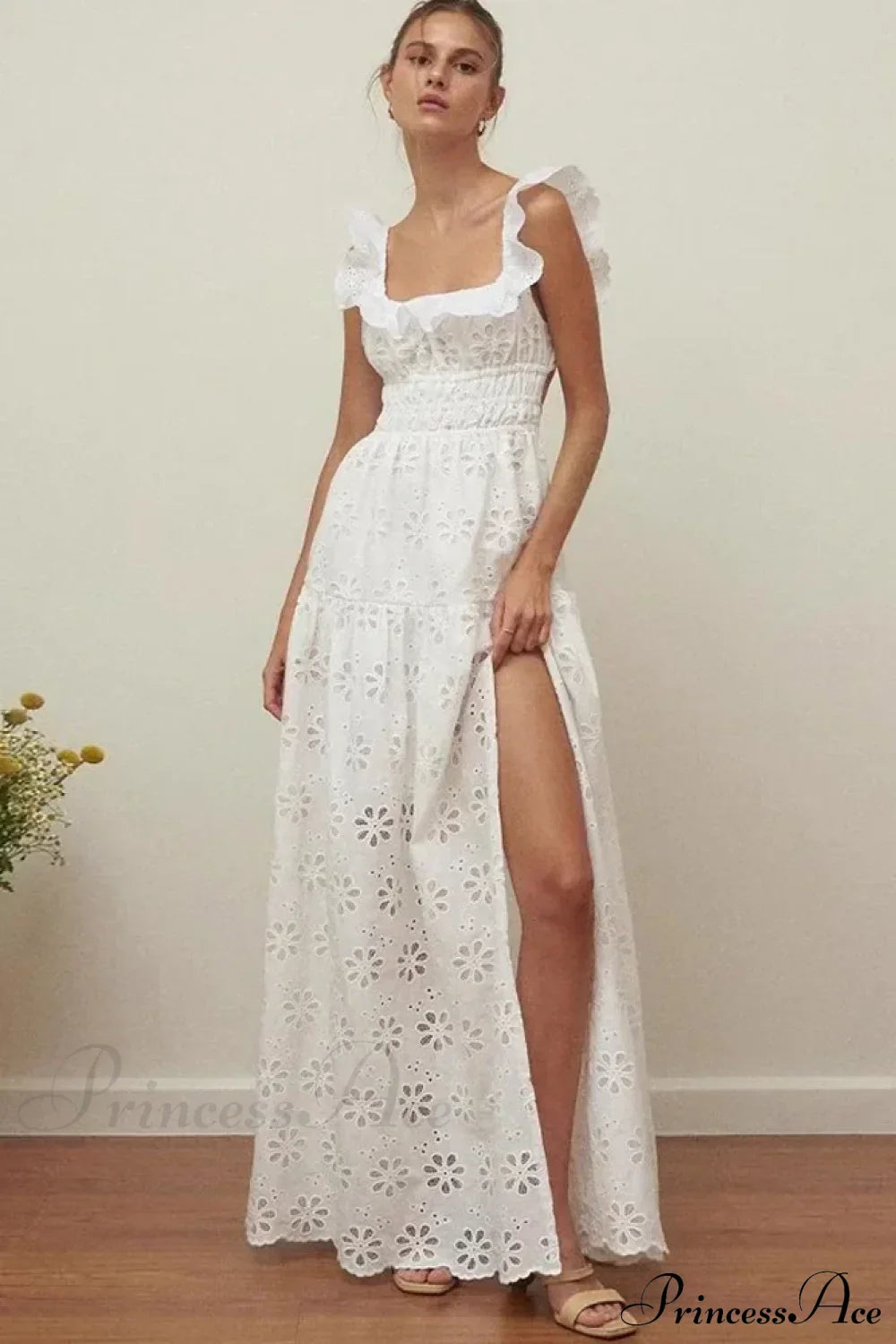 White Cotton Floral Lace Maxi Dress WHITE / S bohodress-250126