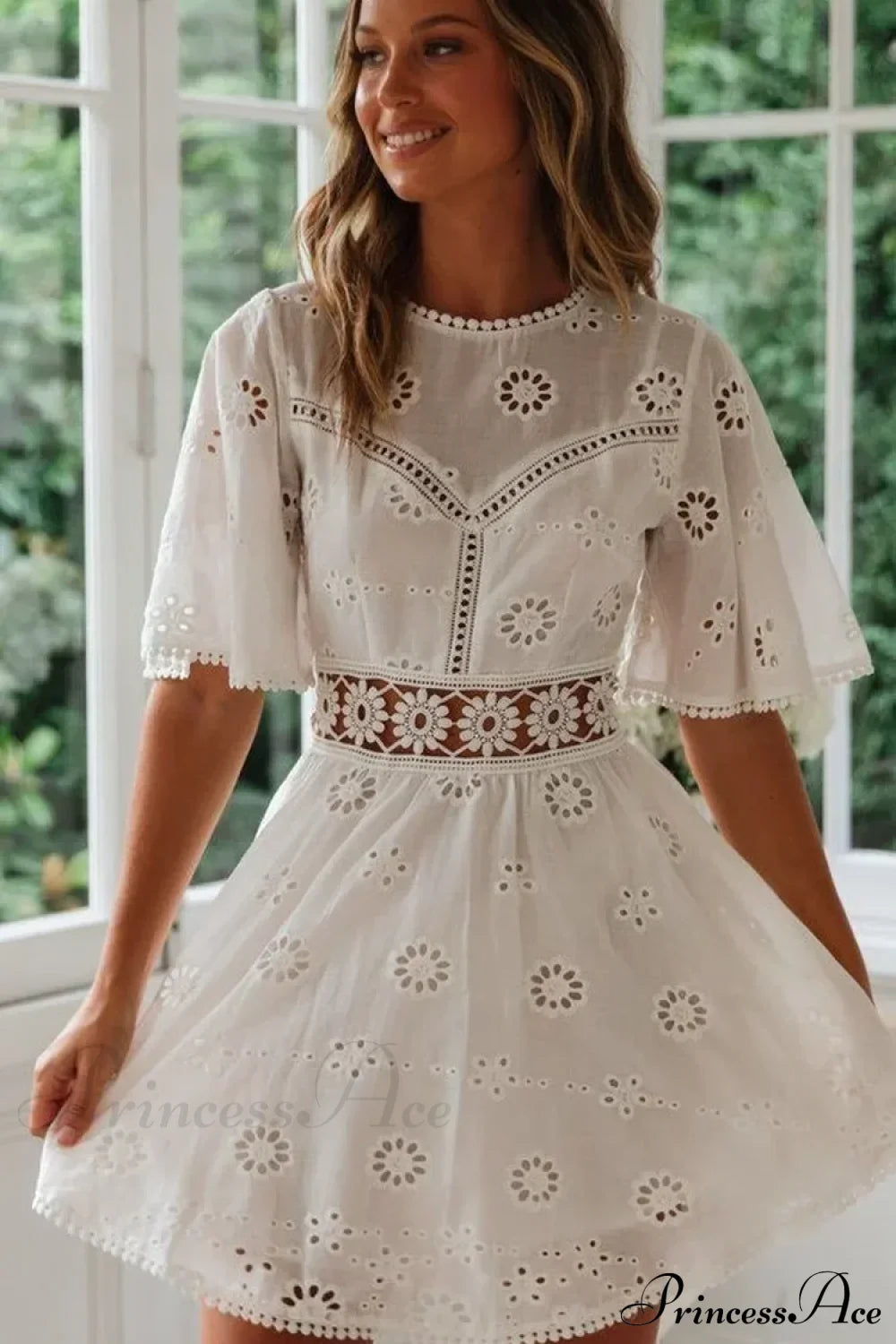 White Cotton Half Sleeve Sexy Backless Hollow Out Mini Boho Dress