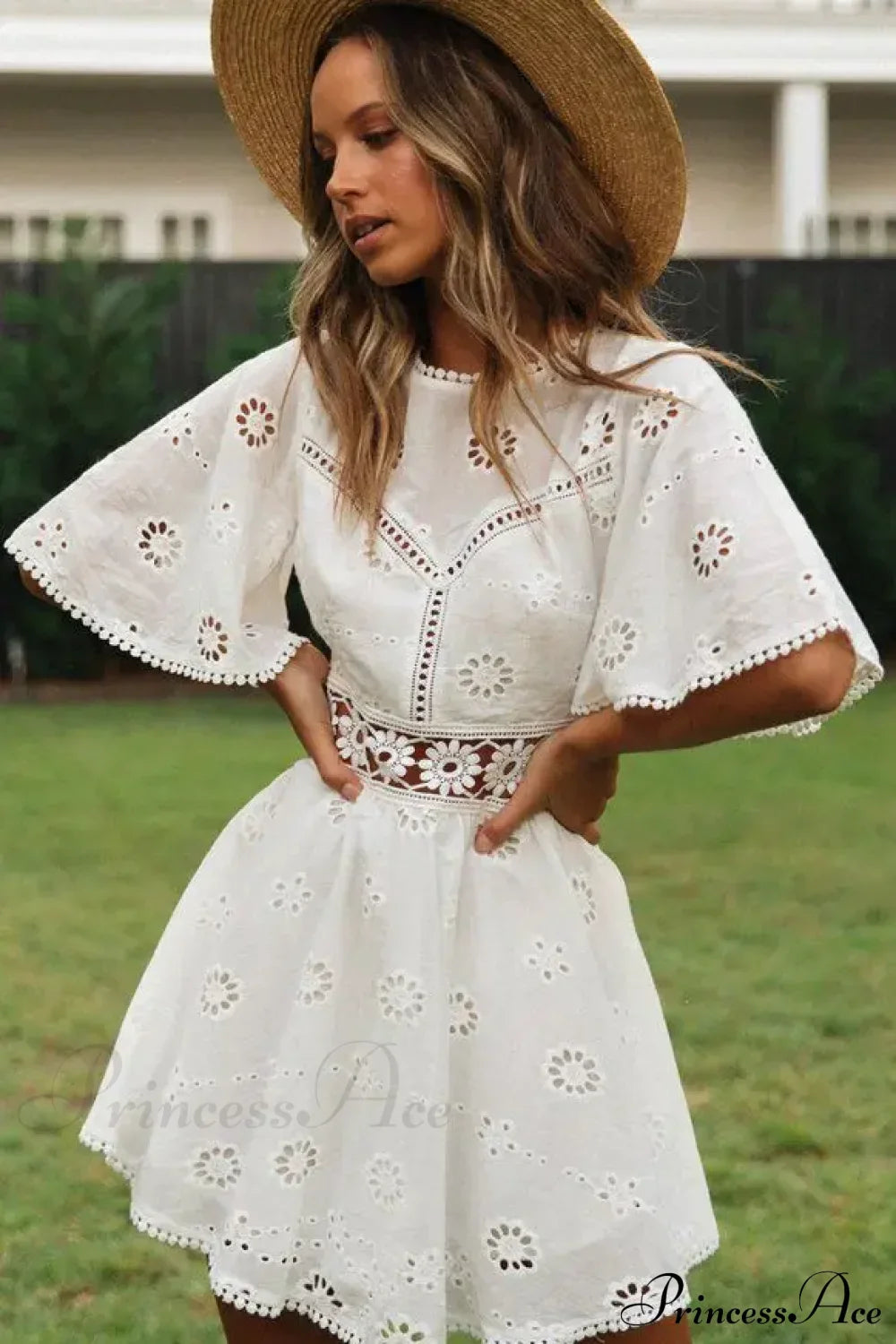 White Cotton Half Sleeve Sexy Backless Hollow Out Mini Boho Dress White / S bohodress-250126