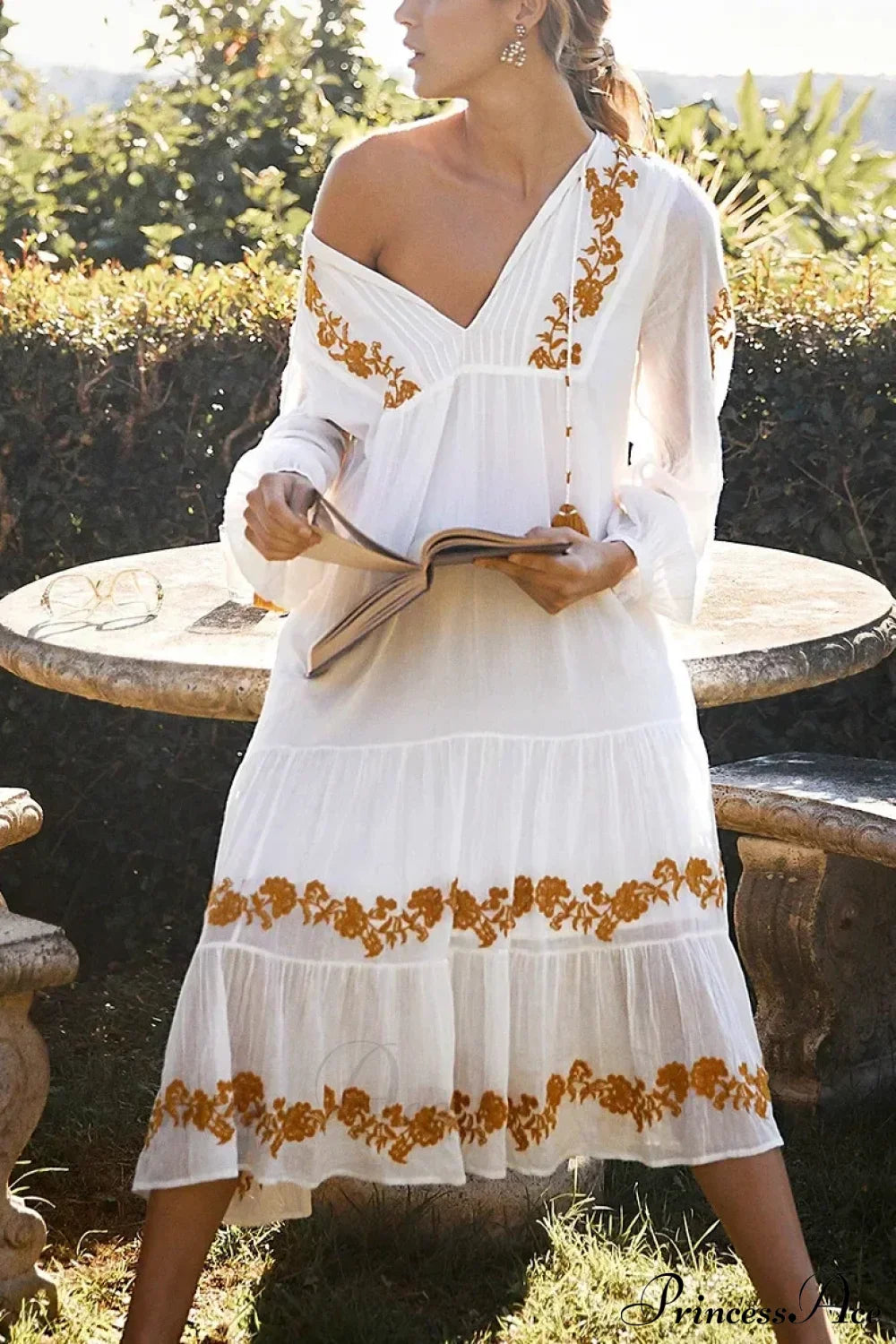 White Deep V Neck Long Sleeve Dress