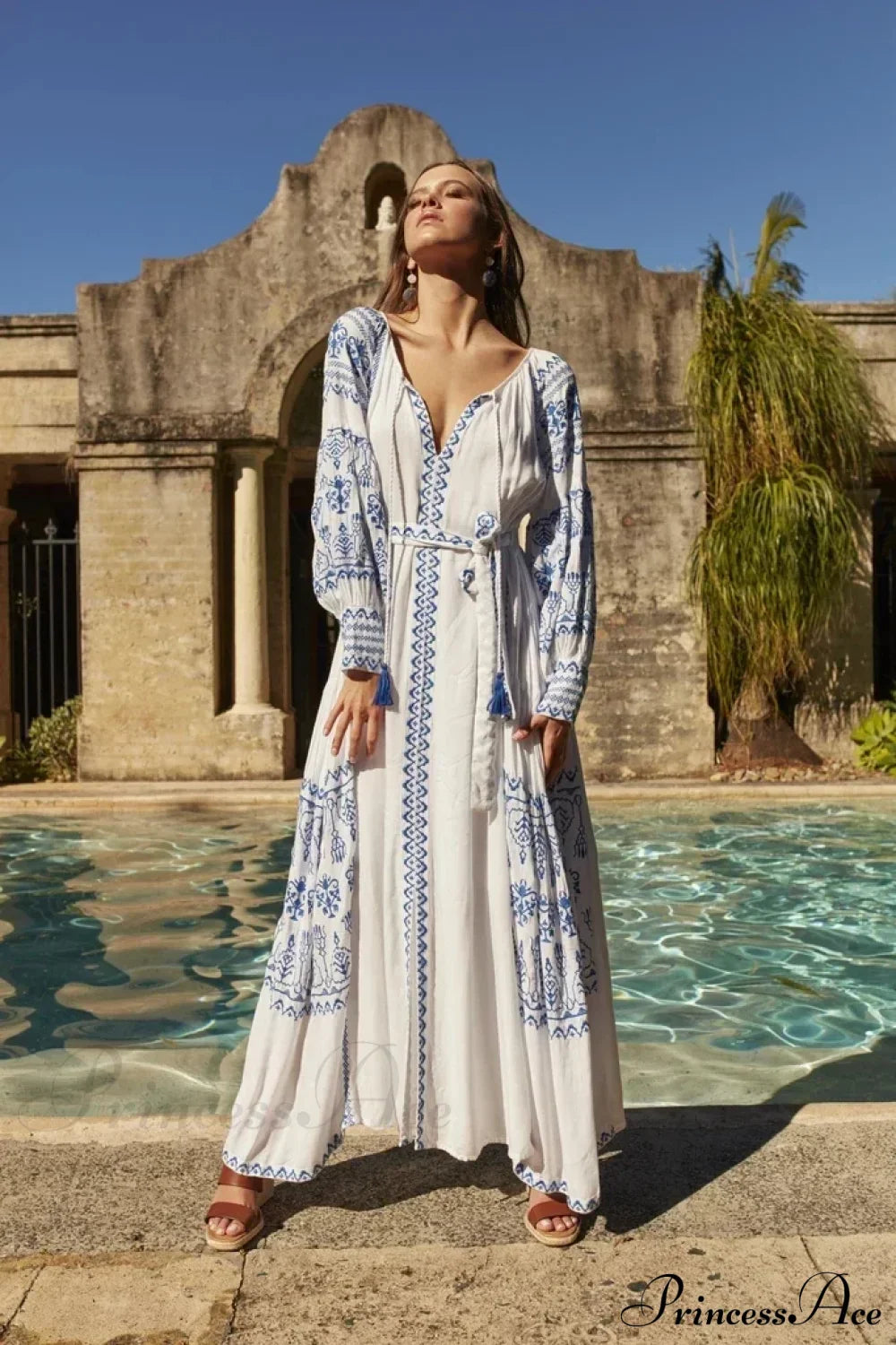 White Embroidered Cotton Maxi Dress WHITE / S bohodress-250126