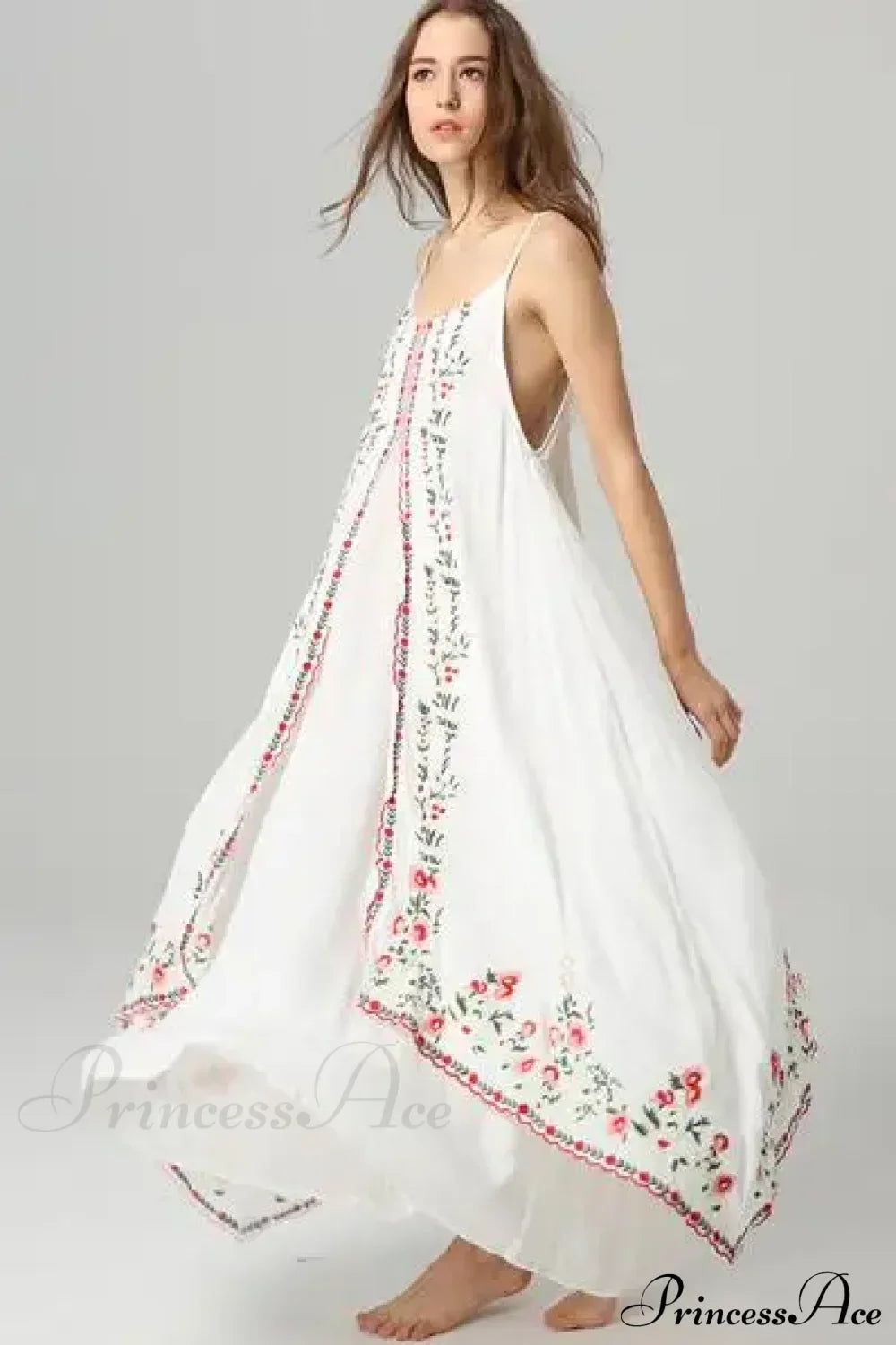 White Floral Embroidered Maxi Dress Beige / S bohodress-250126