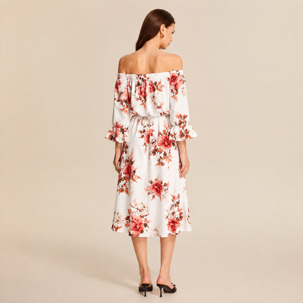 Floral Off Shoulder Bell Sleeve A-Line Midi Dress 6