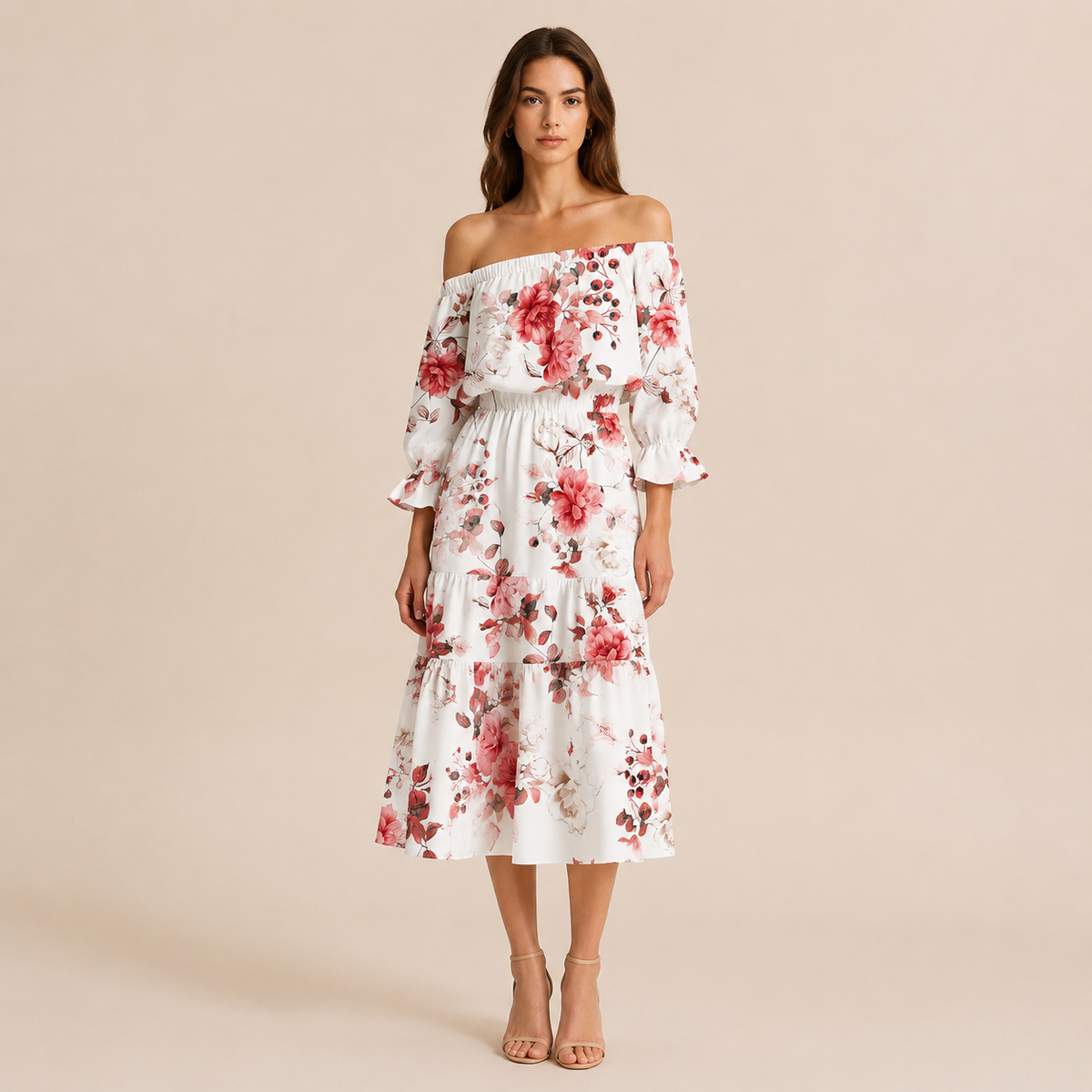 Floral Off Shoulder Bell Sleeve A-Line Midi Dress 4