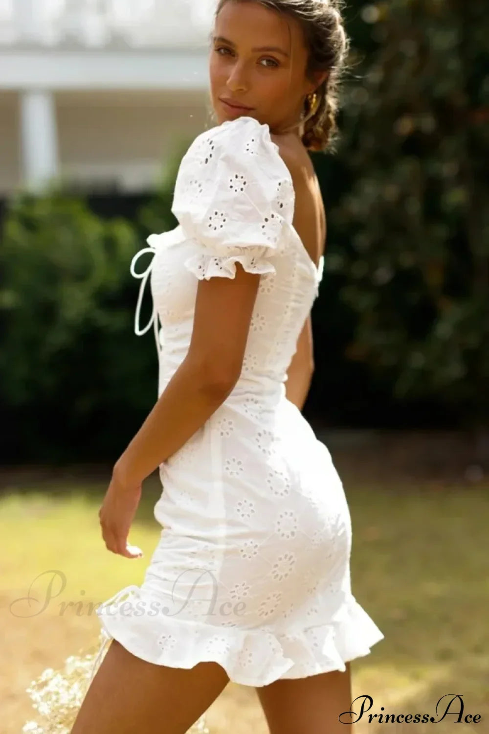 White Lace Cotton Short Sleeve Bodycon Mini Boho Dress