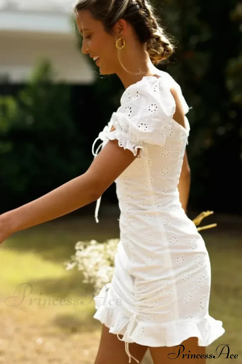 White Lace Cotton Short Sleeve Bodycon Mini Boho Dress