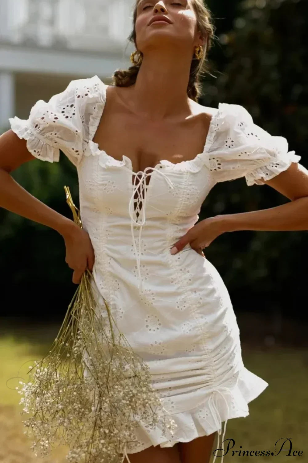 White Lace Cotton Short Sleeve Bodycon Mini Boho Dress