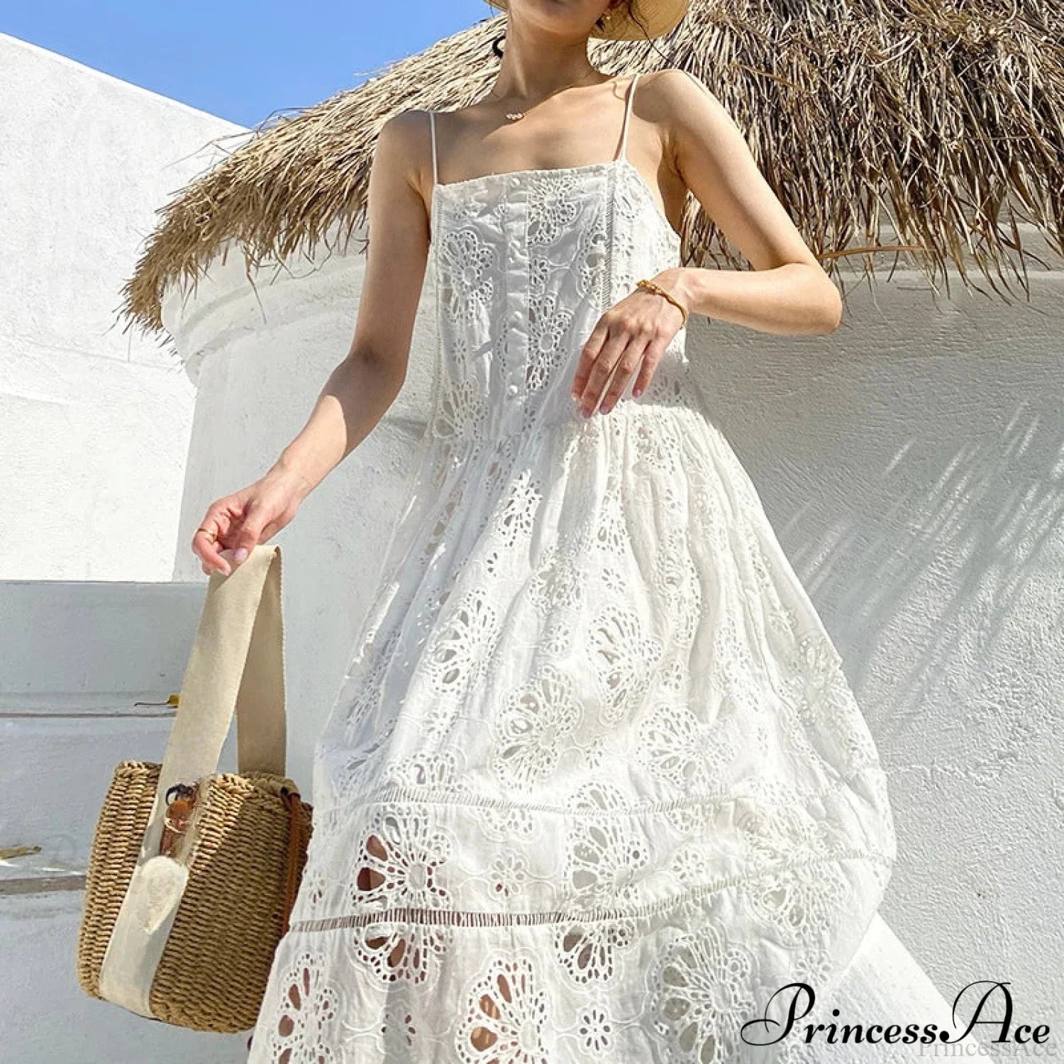 White Lace Dress Cotton Floral Embroidery Strap Sleeveless Women Summer Dress