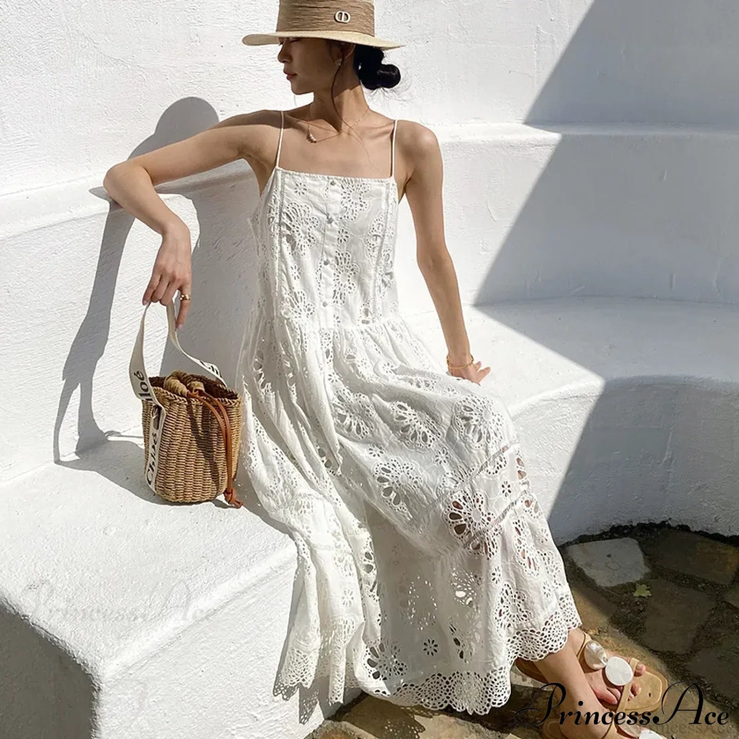 White Lace Dress Cotton Floral Embroidery Strap Sleeveless Women Summer Dress
