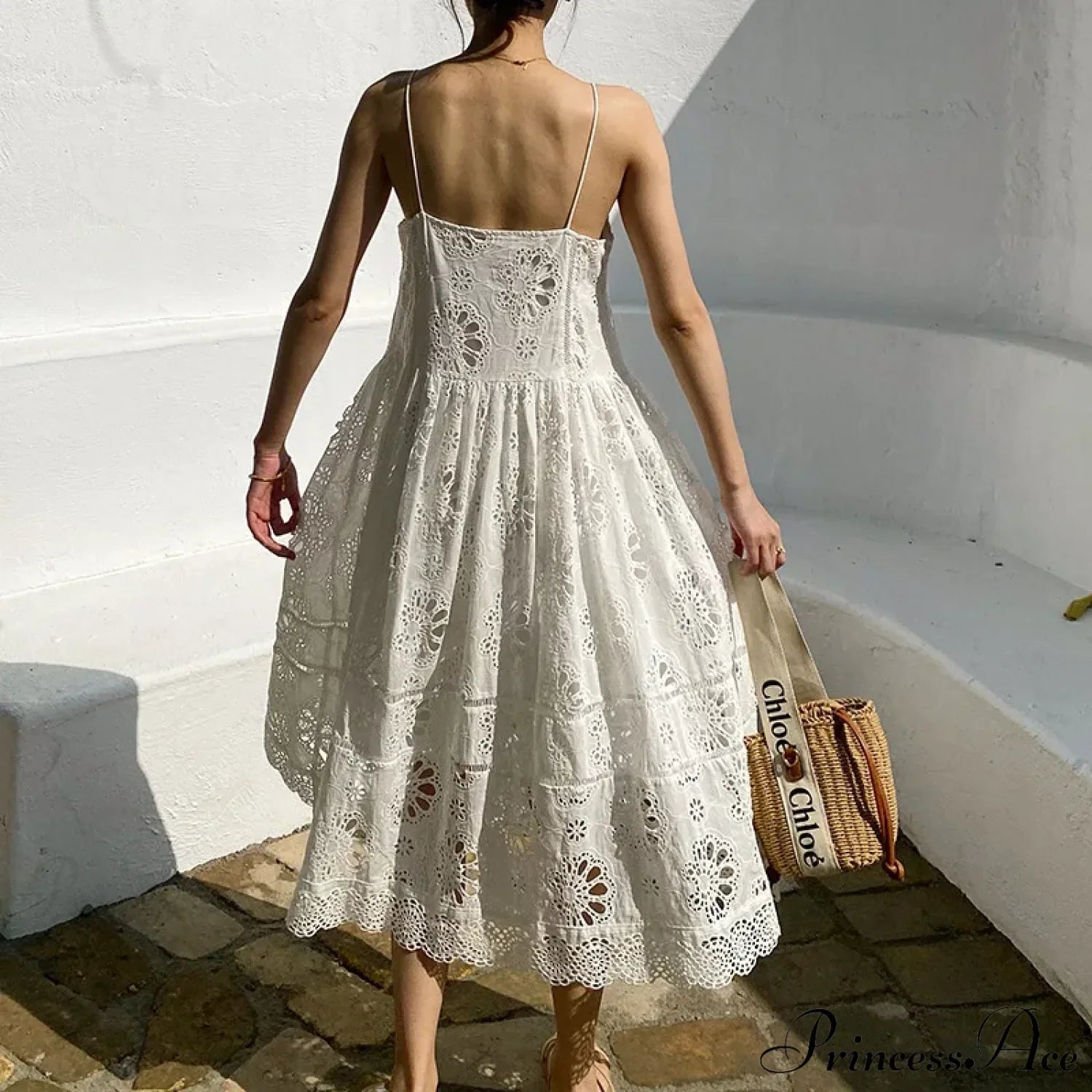 White Lace Dress Cotton Floral Embroidery Strap Sleeveless Women Summer Dress