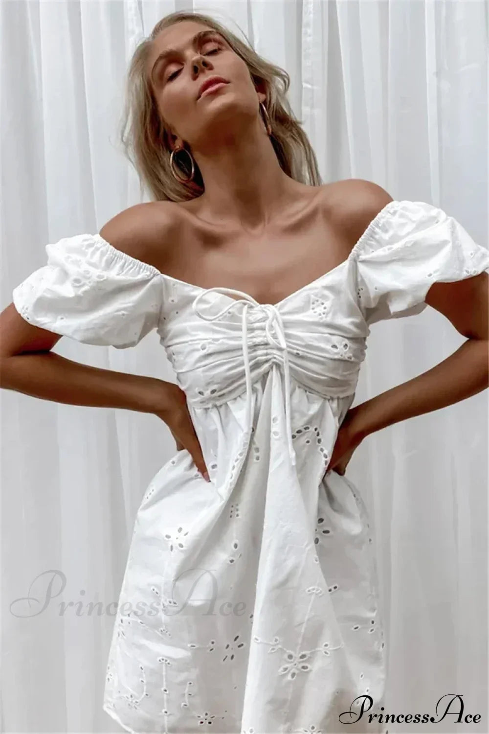 White Lace Embroidery V-neck Cotton Wrist Mini Boho Dress