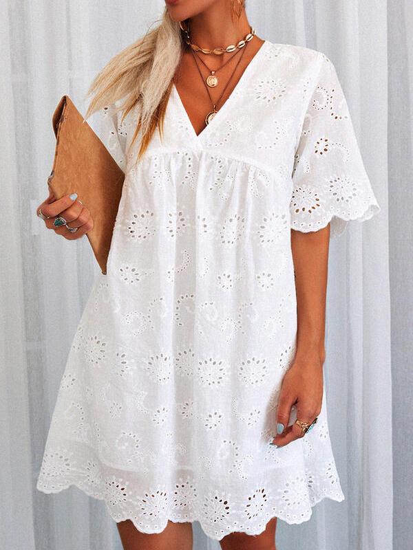 Lace Eyelet V-Neck Short Sleeve Scalloped Babydoll Mini Dress