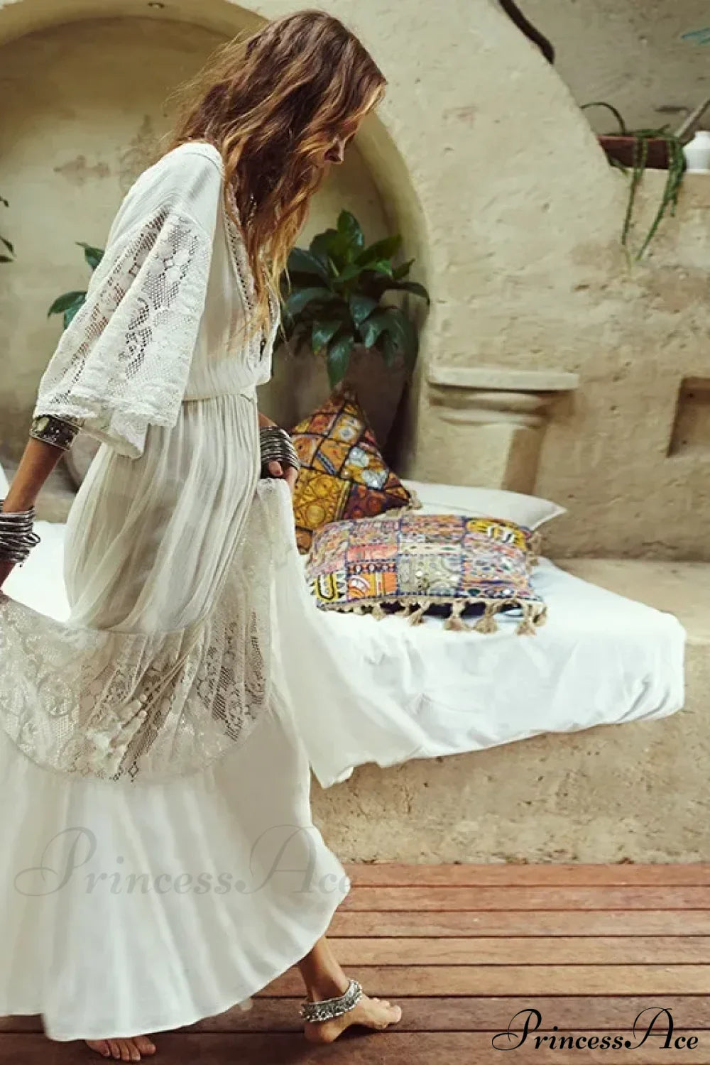 White Lace Short Sleeve Boho Dress