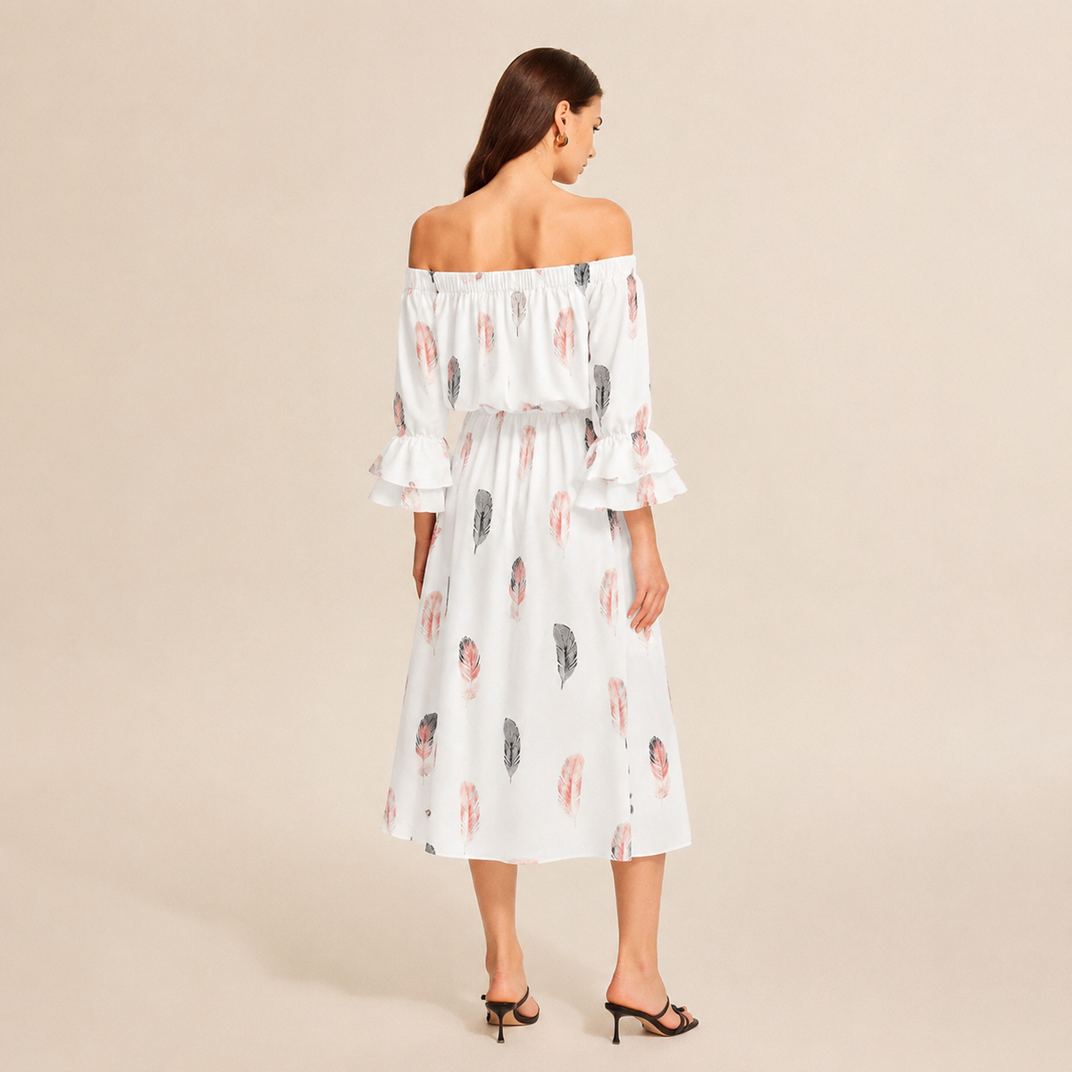 Floral Off Shoulder Bell Sleeve A-Line Midi Dress 9