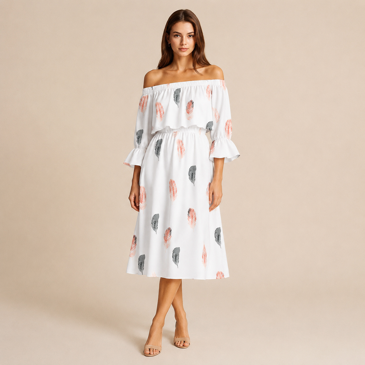 Floral Off Shoulder Bell Sleeve A-Line Midi Dress 7
