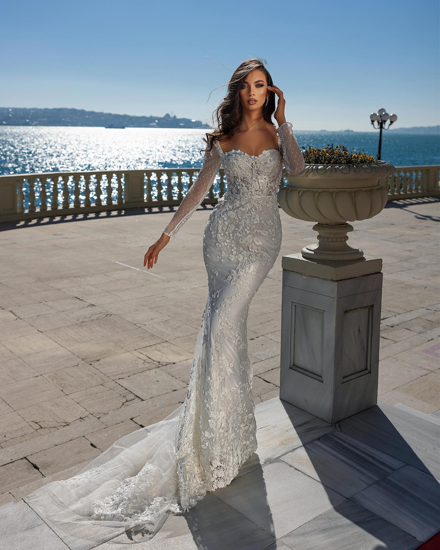 White Long Sleeves Wedding Dress Appliques Mermaid With Detachable Skirt - Fashionpara