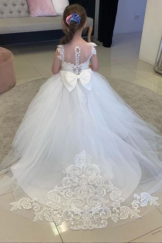White Lovely Flower Girl Dress Tulle With Lace Appliques - Fashionpara