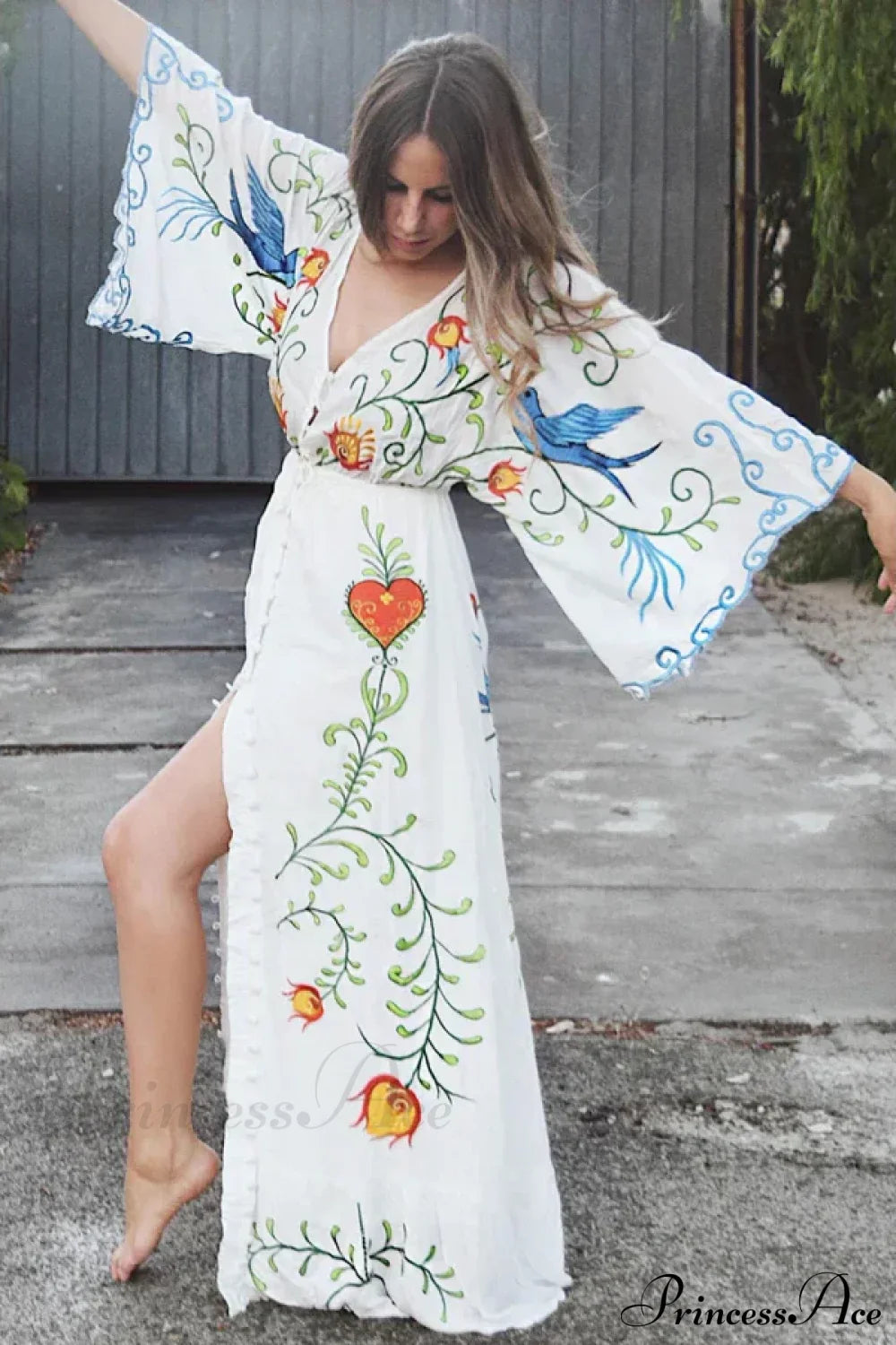 White Maxi Dress Cotton Floral Embroidery Sexy V-neck Beach Dress Beige / S bohodress-250126