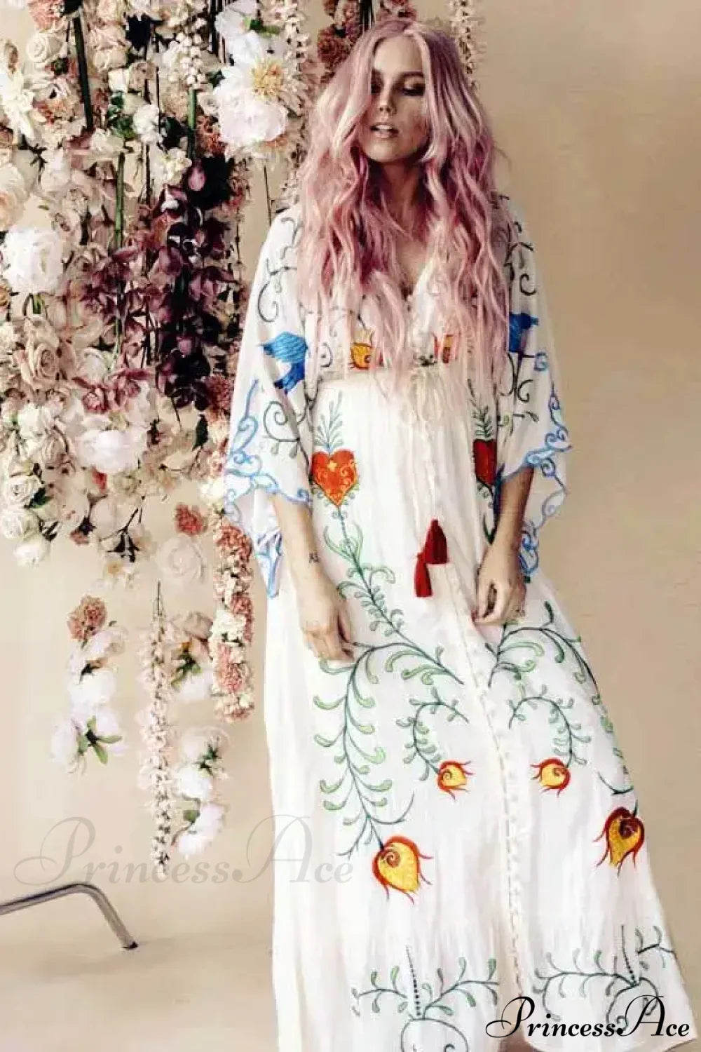 White Maxi Dress Cotton Floral Embroidery Sexy V-neck Beach Dress