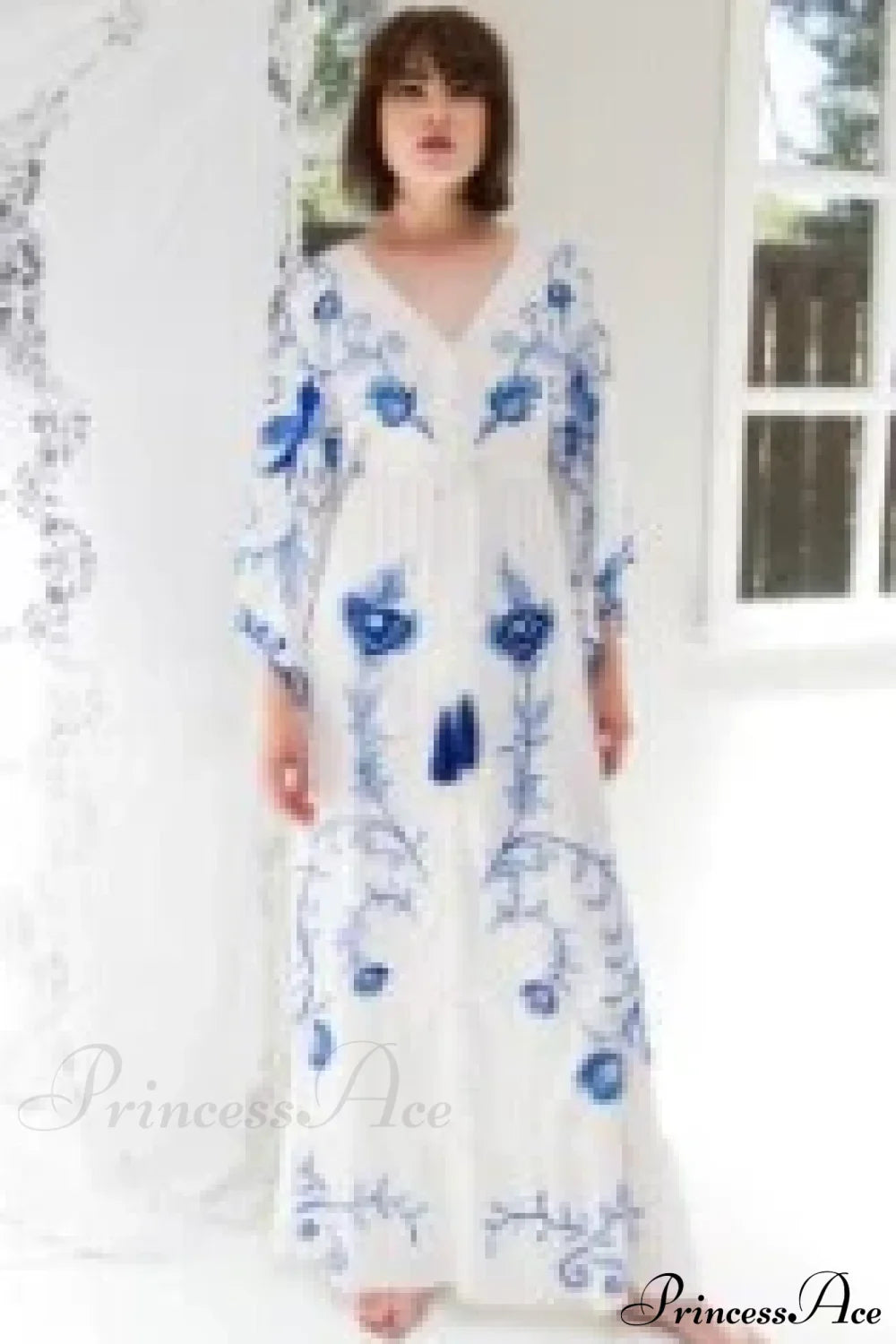 White Maxi Dress Cotton Floral Embroidery Sexy V-neck Beach Dress WHITE / S bohodress-250126