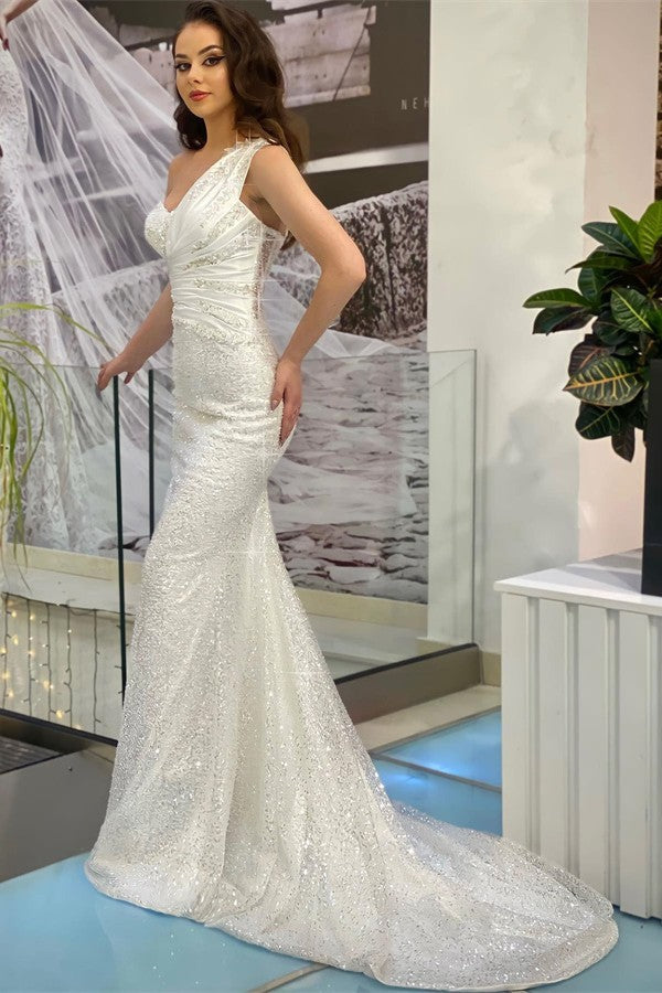 White Mermaid Prom Dress One Shoulder Sleeveless Long - Fashionpara